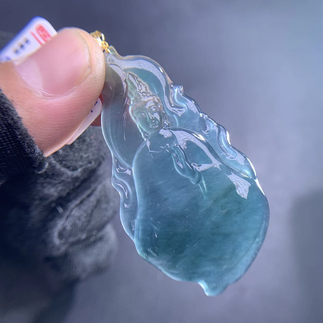 天然A货翡翠18K金镶嵌火焰观音75279时尚气质女款吊坠挂坠精雕