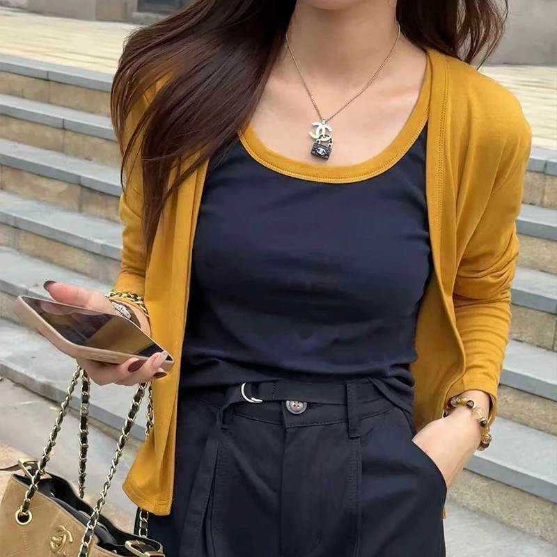 法式百搭洋气长袖针织衫女2025年秋冬新款撞色吊带背心开衫两件套