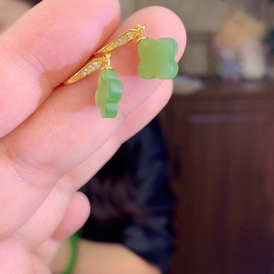 吊坠(不含链)银S925镶嵌和田玉（碧玉）耳饰