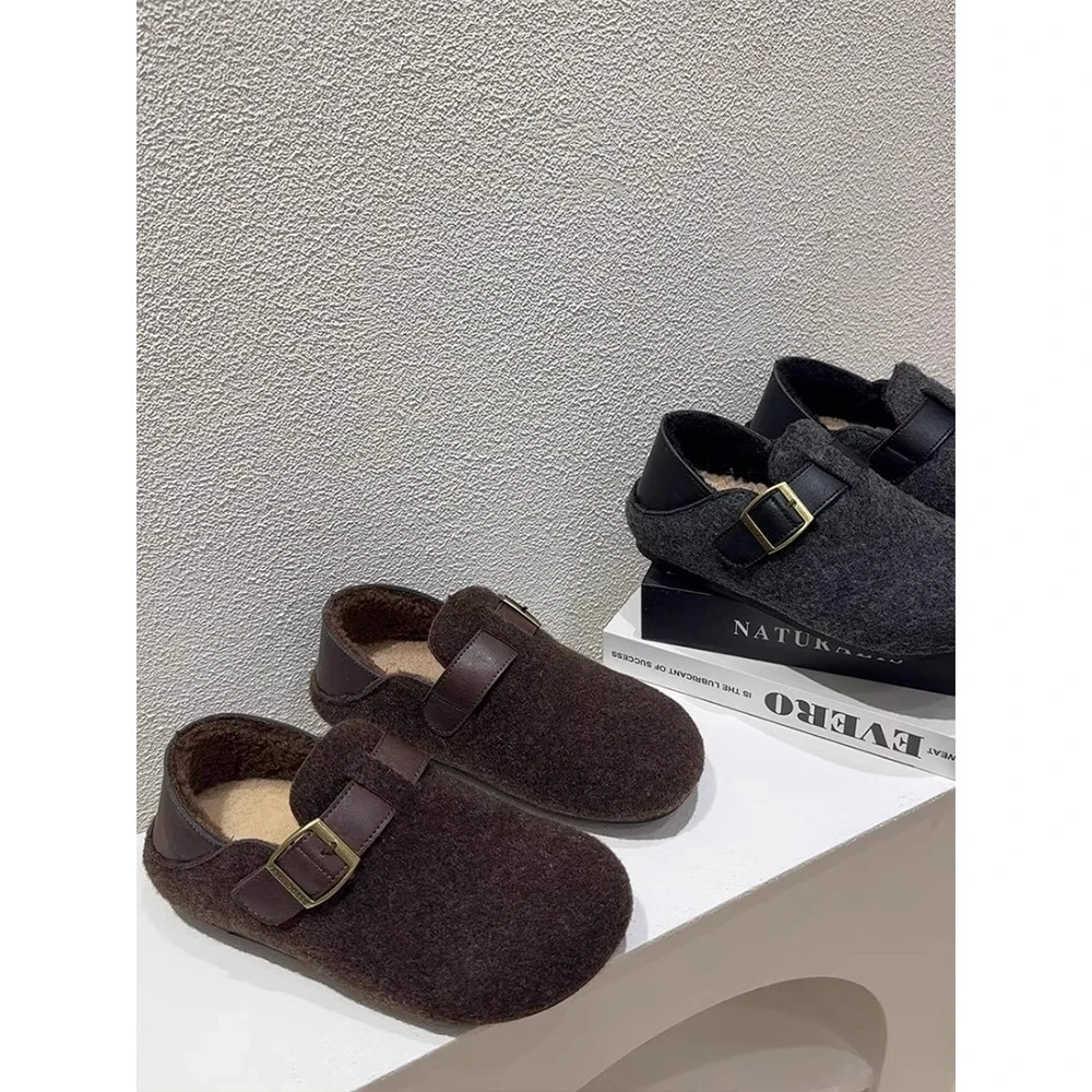 勃肯鞋女灰色秋冬新款毛呢厚底百搭两穿毛毛鞋加绒保暖穆勒鞋棉鞋