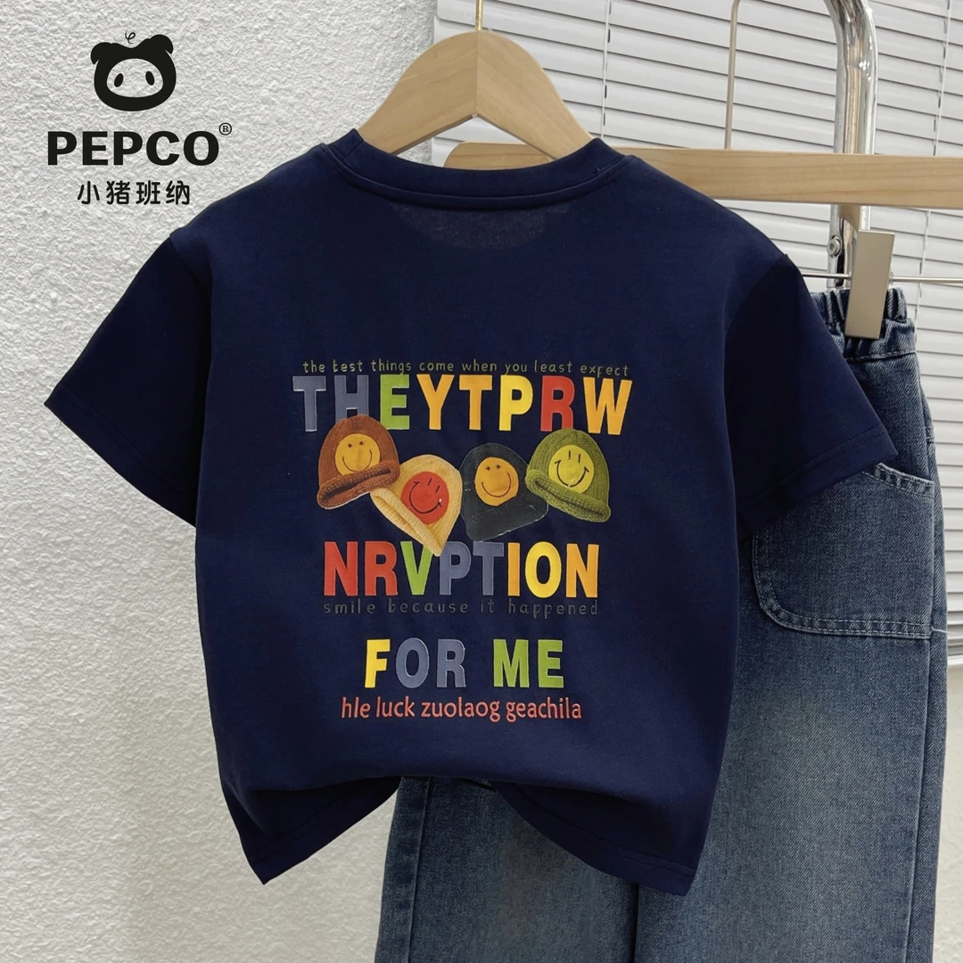 PEPCO/小猪班纳2025夏季儿童宽松字母印花短袖T恤男女童圆领百搭
