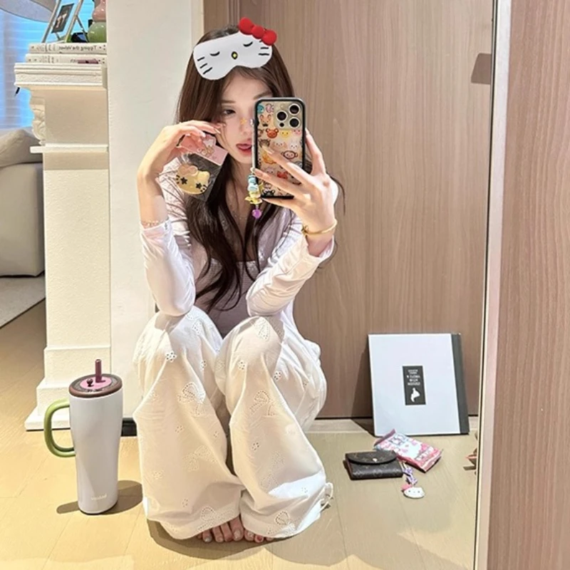 韩系复古镂空设计睡裤女夏季2025年新款显瘦宽松阔腿遛弯裤家居裤