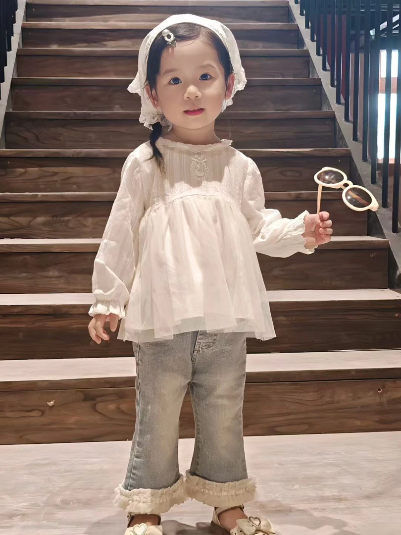 女宝蕾丝薄纱全棉裙摆上衣女童上衣裙森系长袖小天鹅上衣裙女宝