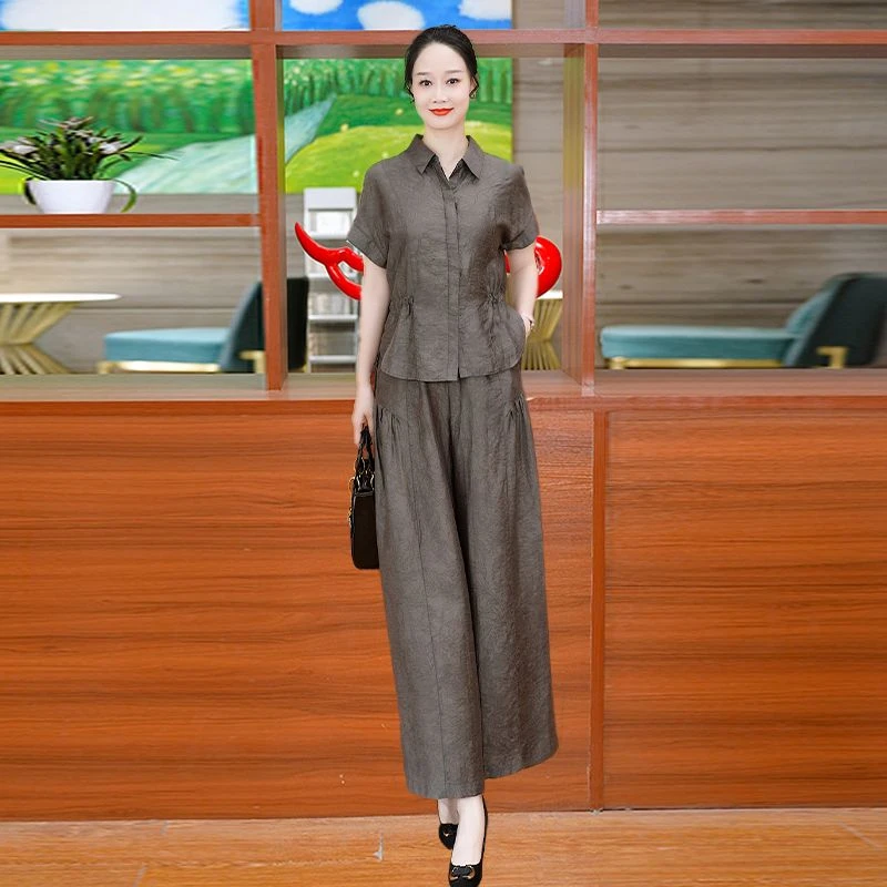 拉夏贝尔套装2025新款女夏装洋气高端亚麻贵夫人品牌妈妈两件套