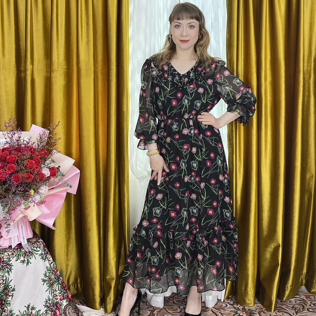 连衣裙碎花显瘦气质长袖轻奢时尚复古收腰法式长款修身印花优雅