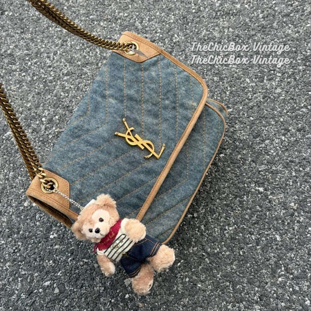 95新 YSL/圣罗兰 只盒/水洗牛仔拼麂皮D扣中号Niki链条包