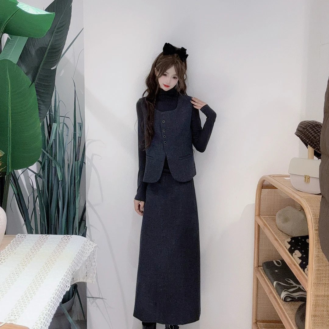 PD40633668气质风三件套打底马甲半裙修身设计通勤款风格三件套装