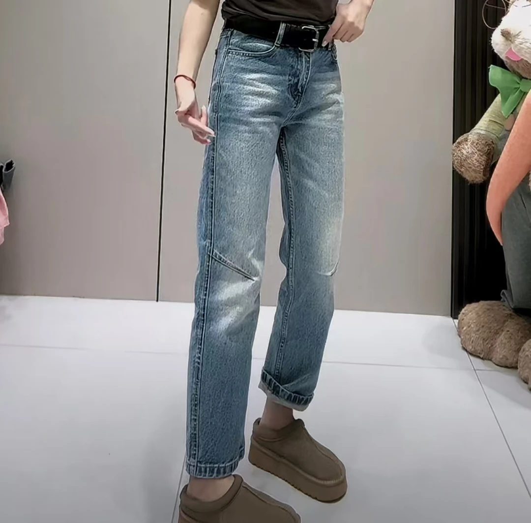 萱贝纯时尚新款高腰显瘦蓝色水洗直筒牛仔裤设计感百搭宽松法棍裤