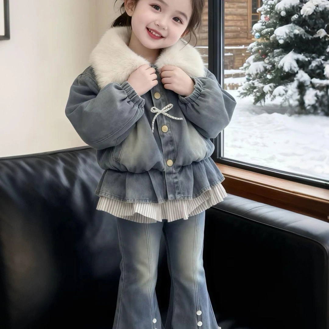 【断码】女童2025冬季加绒加厚套装牛仔韩版新款洋气外套