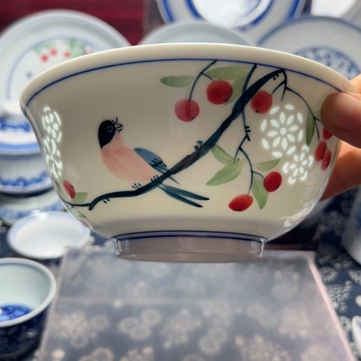 手绘雕刻6寸花鸟面碗