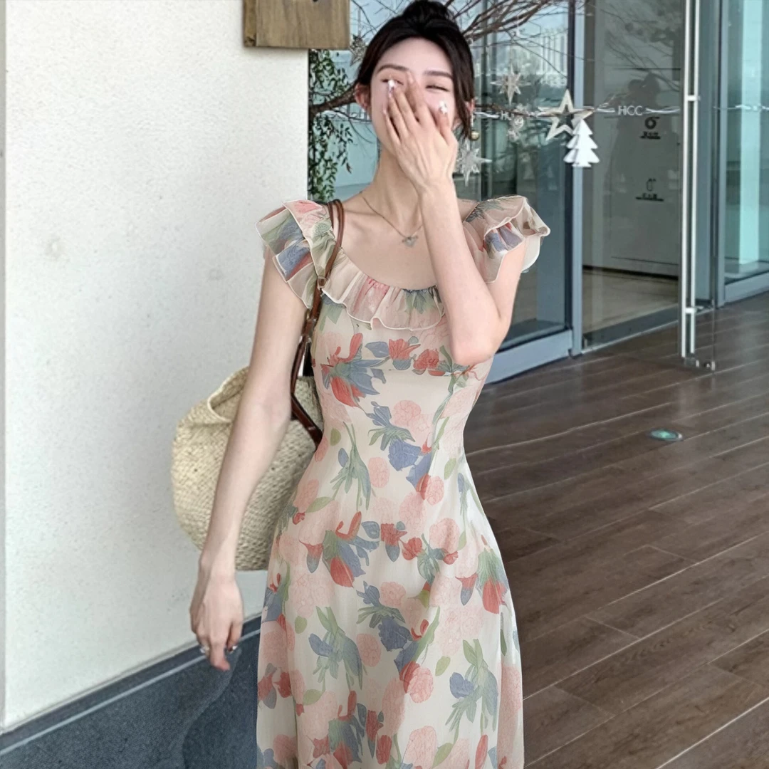 C2025新款夏季法式温柔长裙气质浪漫甜美显瘦收腰碎花连衣裙D2018