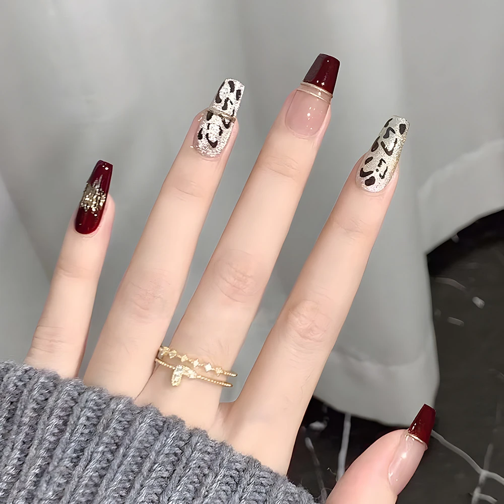 【鎏金豹纹】QXJ纯手工立体穿戴甲酒红法式美甲鎏金豹纹指甲片