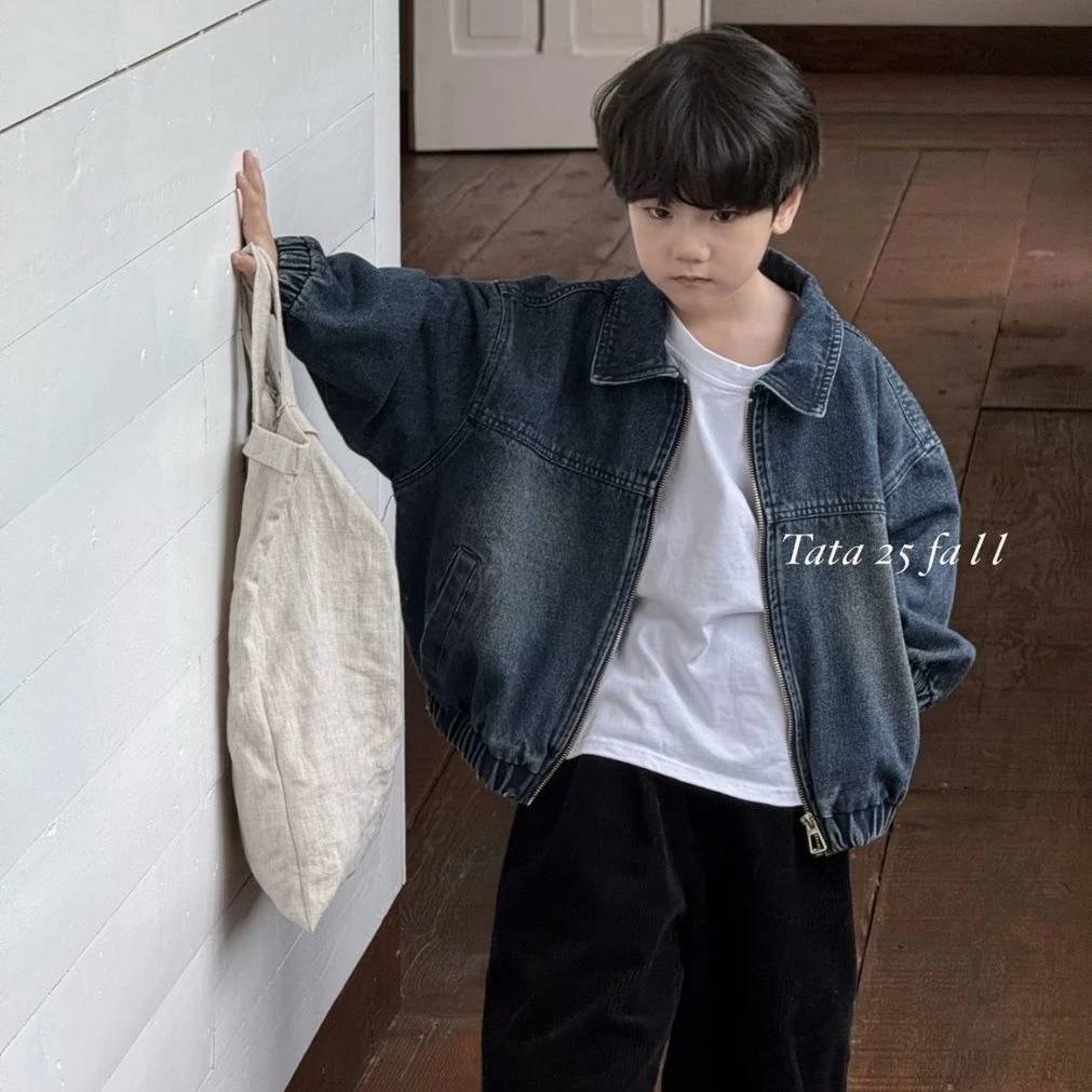 韩国童装2025秋季新款儿童痞帅复古中性翻领拉链牛仔外套男女童