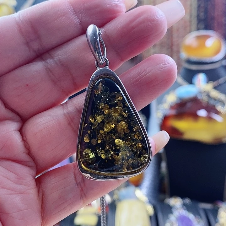 琥珀颈饰银S925镶嵌吊坠