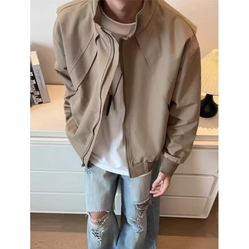 美式三防立领夹克男秋季新款复古棕色工装外套户外飞行百搭上衣潮