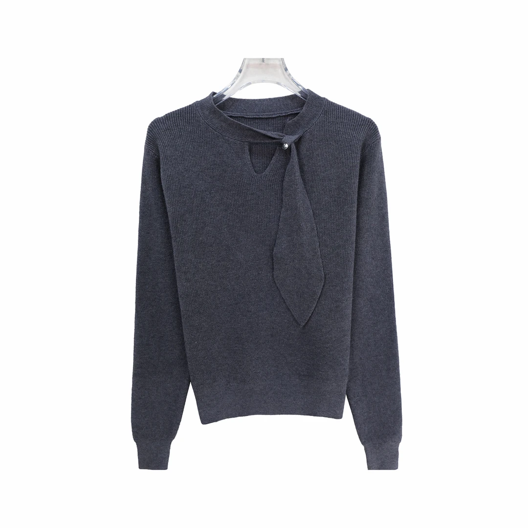 镂空小V领飘带针织毛衣秋冬洋气修身打底衫上衣X27887