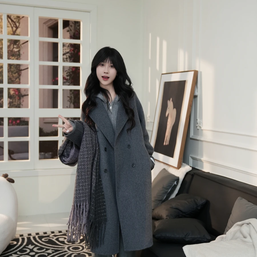 伊迪卡双面毛呢羊毛大衣中长款慵懒新款百搭显瘦宽松女装反季清仓