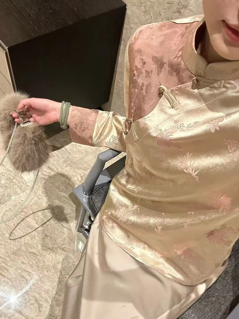 2025春季女装撞色提花纱立领国风新中式衬衫