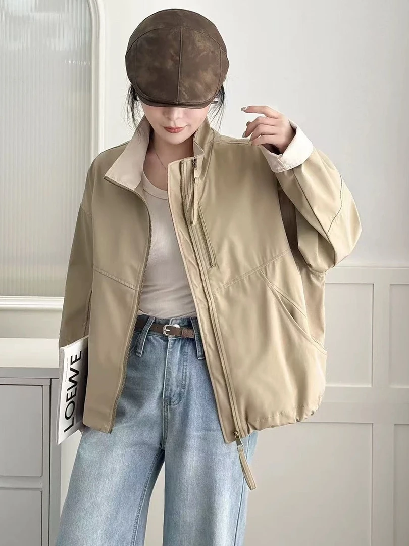 【不加绒】2025春新款韩版宽松短款立领冲锋衣外套女爆款双拉链上衣