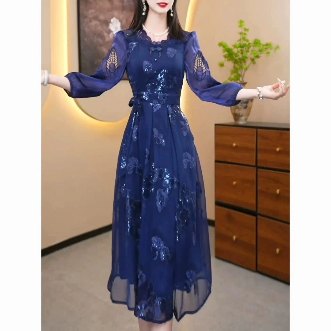 高档云锦纱面料连衣裙2025春新款优雅重工蝴蝶亮片气质显瘦礼服裙