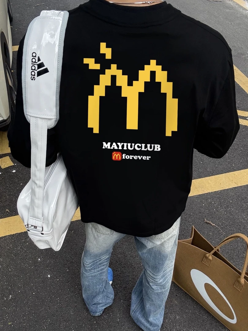 美式高街宽松圆领M记字母简约印花重磅落肩校园情侣纯棉长袖T恤