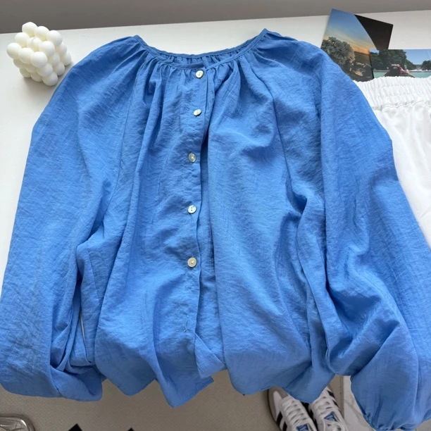 气质蓝衬衫～圆领宽松夏季显白娃娃衫泡泡袖衬衣防晒HF9317