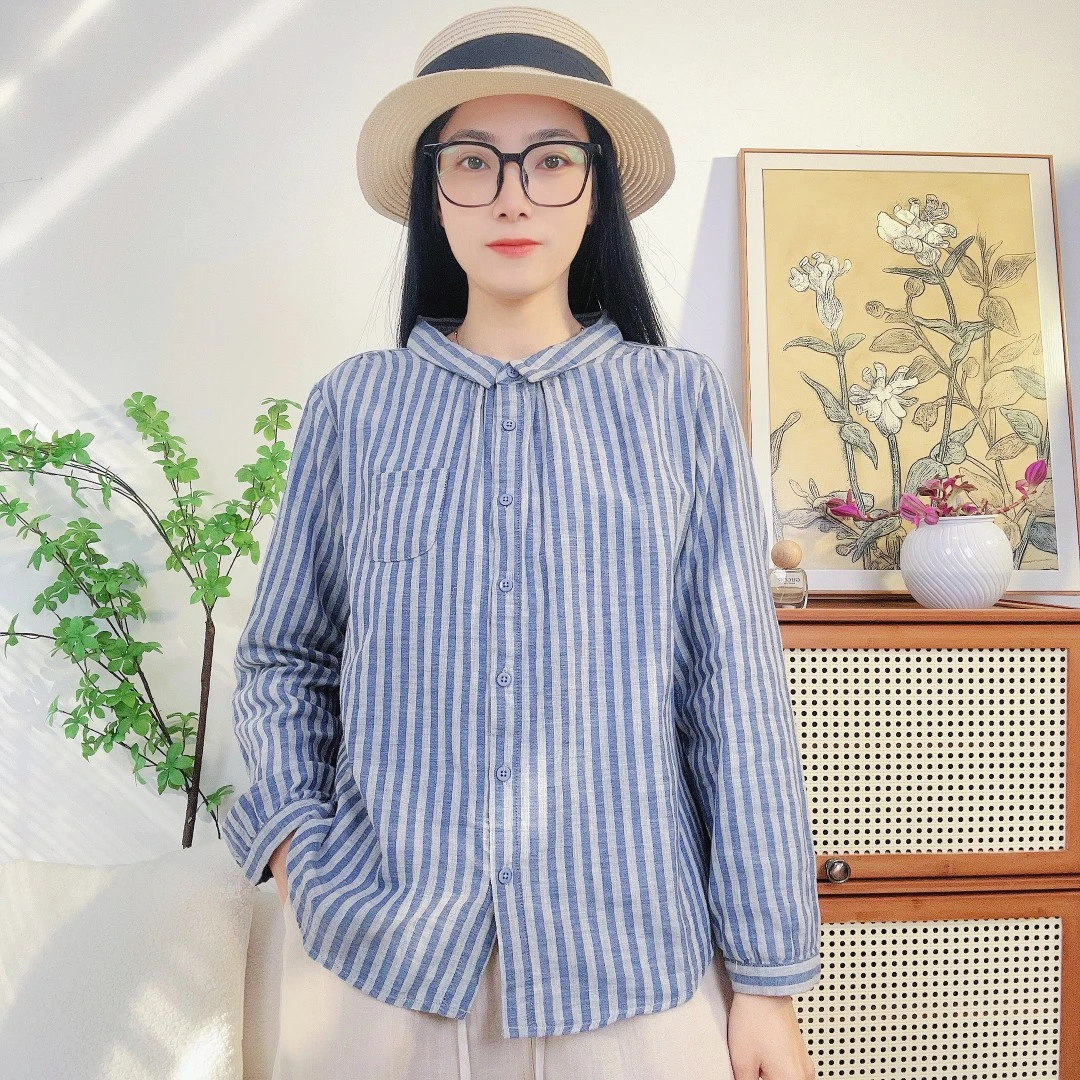 春夏季长袖小领条纹衬衫宽松百搭复古时尚休闲显瘦上衣设计感小众