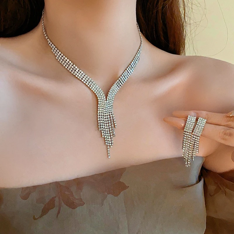 合金项链 镶钻水滴流苏两件套欧美夸张轻奢气质锁骨链高级项饰品