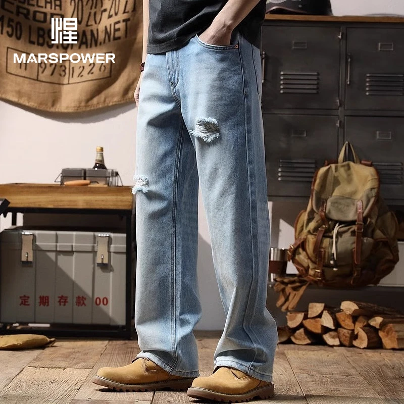 Cebrodz美式机车牛仔裤男2025春夏新款破洞洗水做旧宽松休闲裤