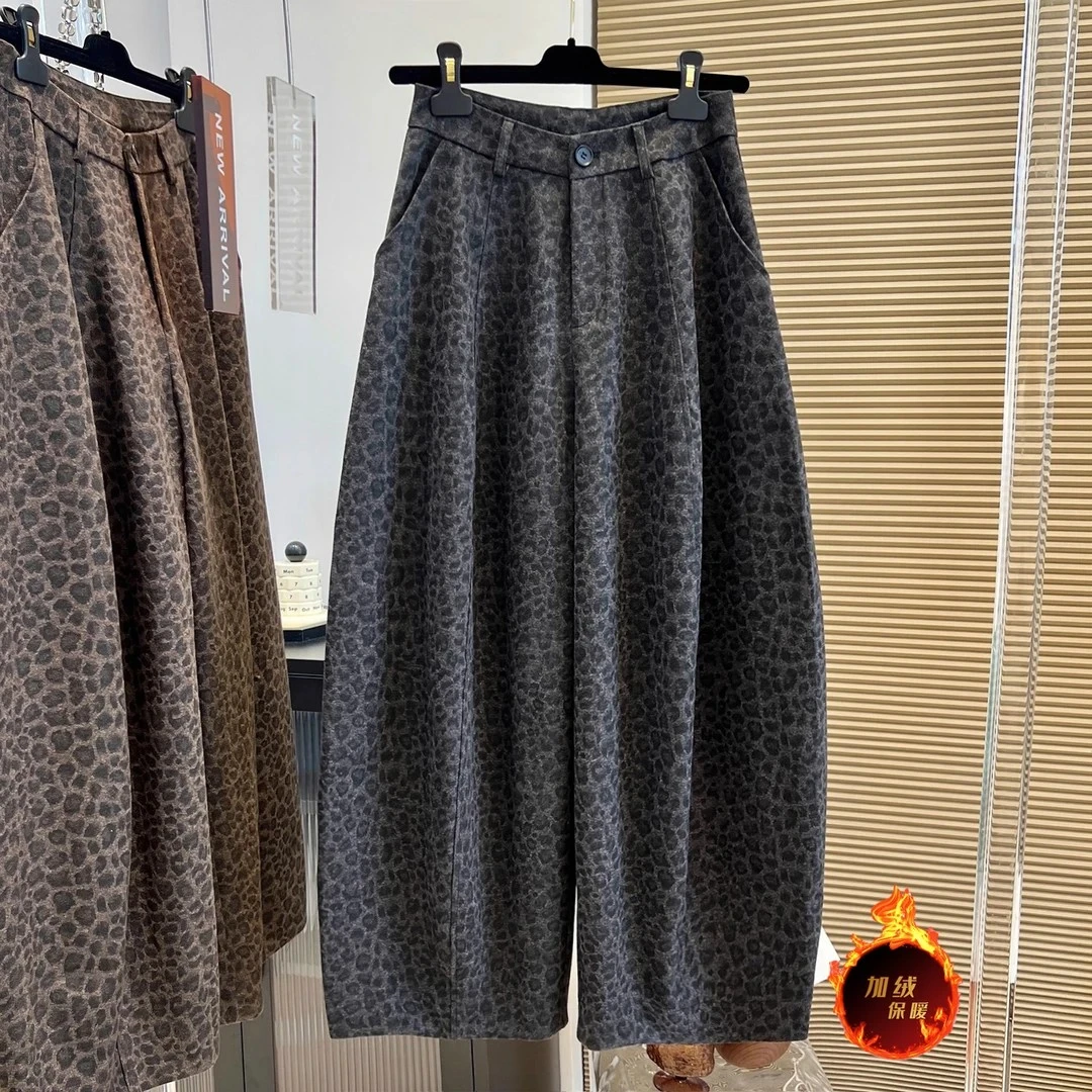 设计感小众豹纹高腰休闲裤宽松时髦弯刀裤女加绒冬季新款洋气长裤