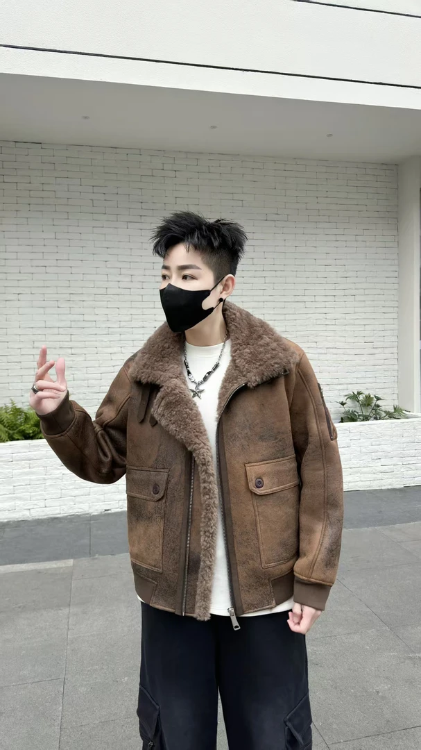 皮毛一体男装外套潮牌麓皮绒机车复古翻领男士夹克7615