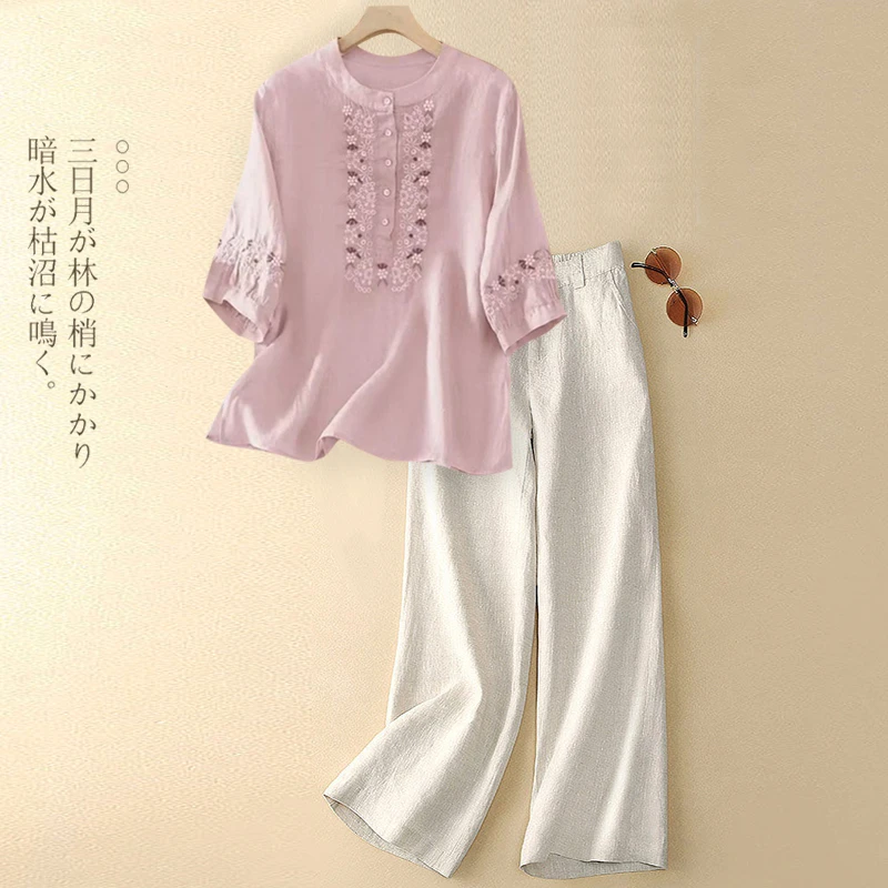 时尚休闲套装女士2025夏季新款复古减龄印花衬衫宽松阔腿裤两件套