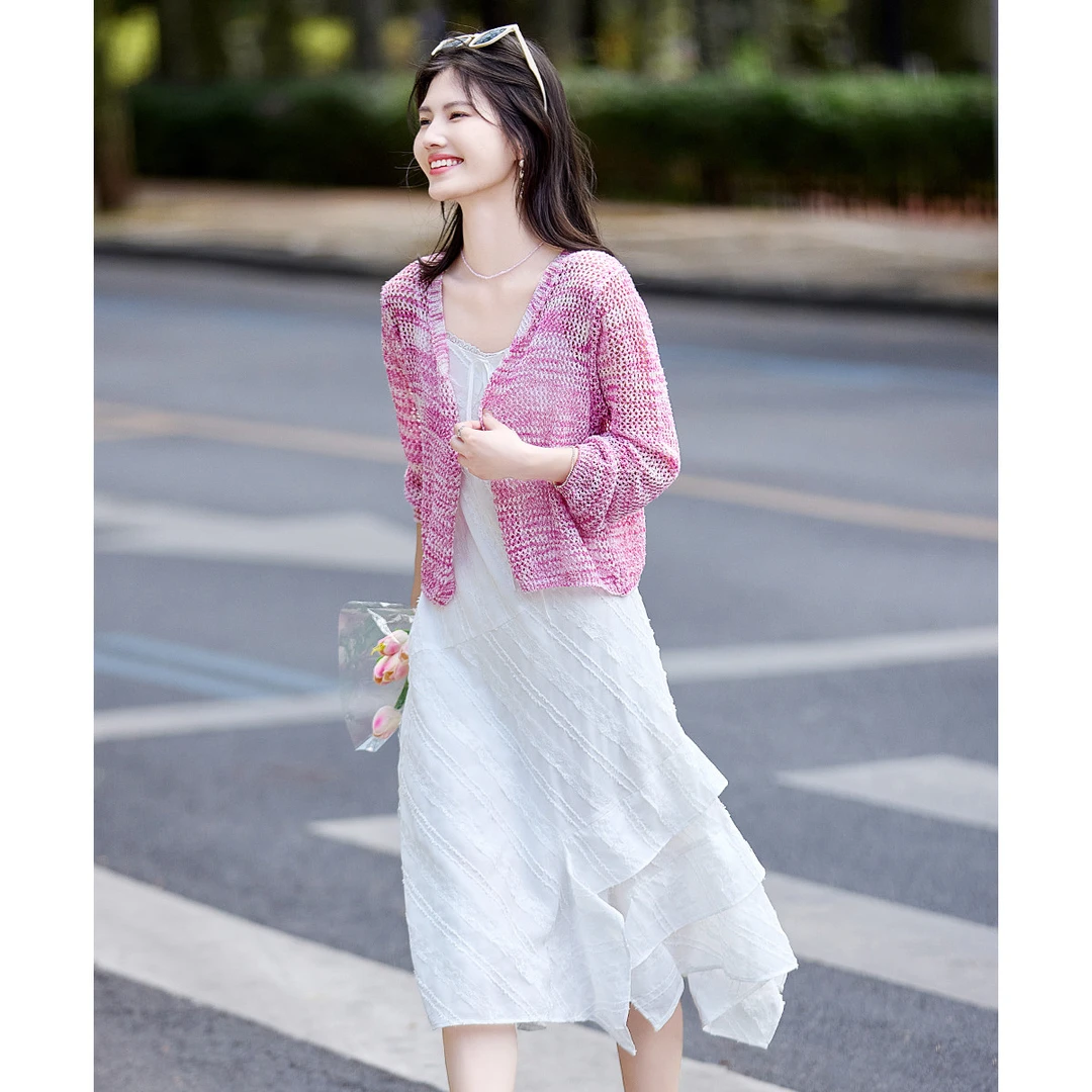 【欧若风浪漫软糯镂空针织开衫】25年夏新时尚假日渐变空调衫上衣