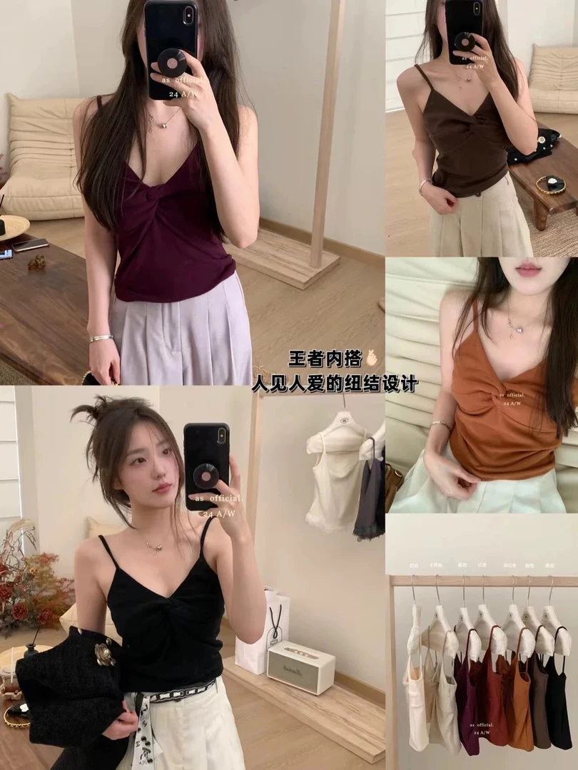 0216#叉背心上衣蝴蝶结蕾丝背心