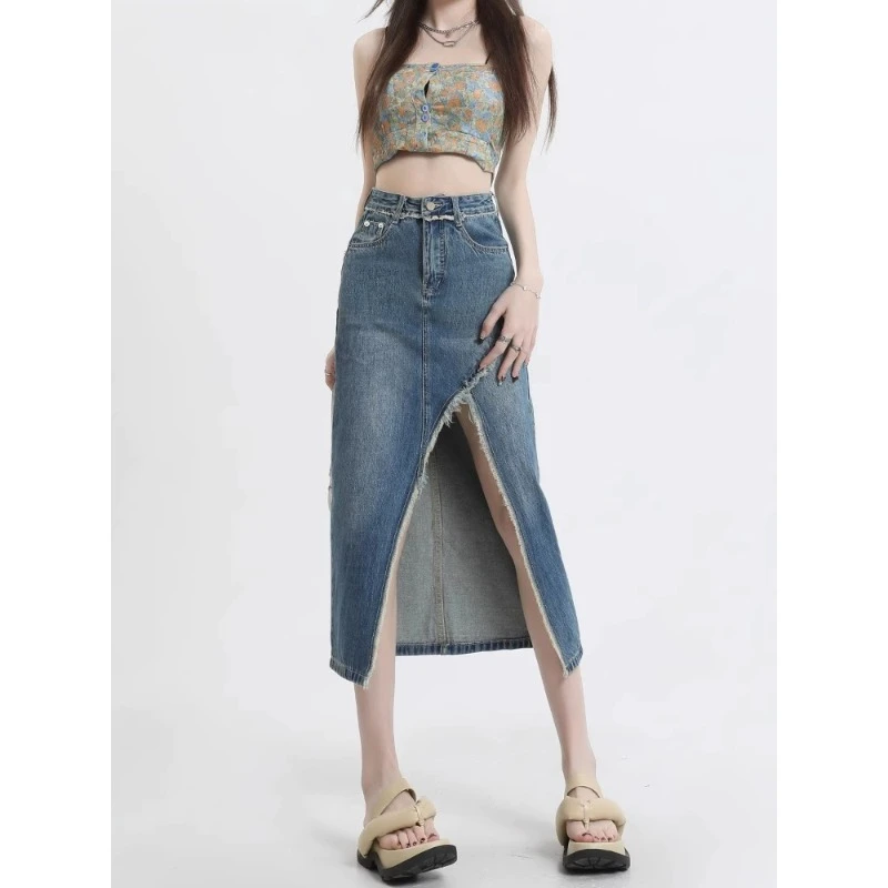 开叉高腰牛仔半身裙女款爆款2025新款显瘦百搭夏季薄款包臀a字裙