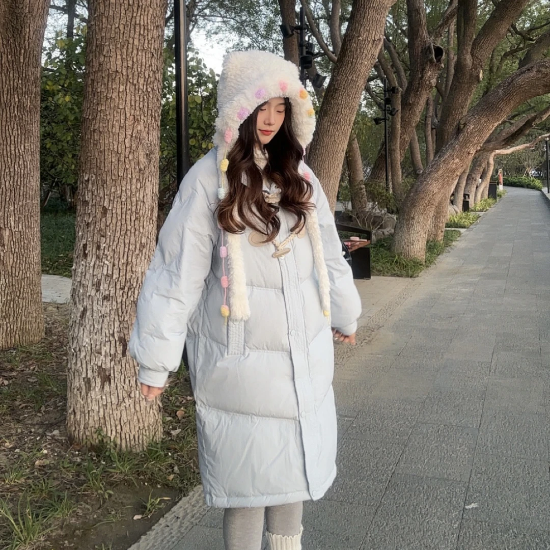 【椰椰牛角包】学院风女冬季韩版长款加厚白鸭绒宽松羽绒服牛角扣