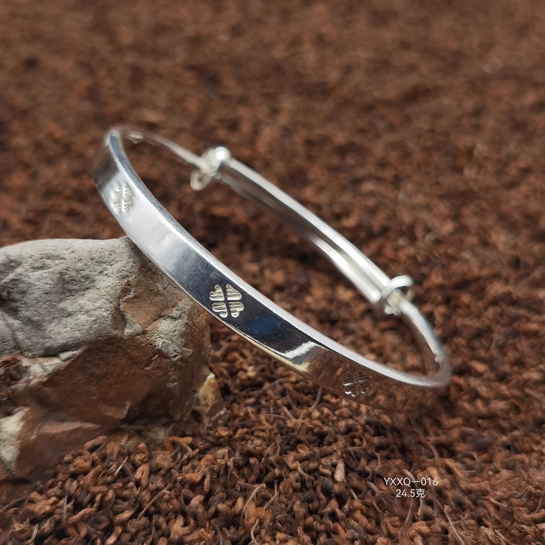 足银手镯 艺心向黔足银999推拉四叶车花手镯时尚百搭女纯银镯子