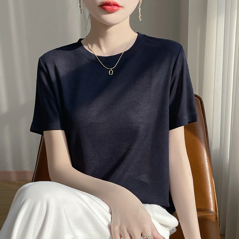 莱赛尔T恤女夏季短袖新款纯色半袖宽松时尚简约薄款圆领显瘦上衣