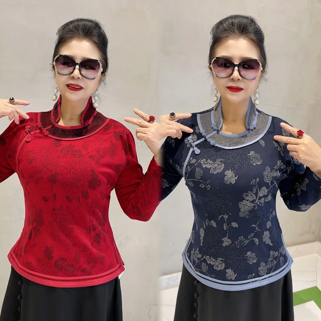 2025年货款新中式偏襟改良版旗袍衫时尚减龄内搭印花中老年打底衫