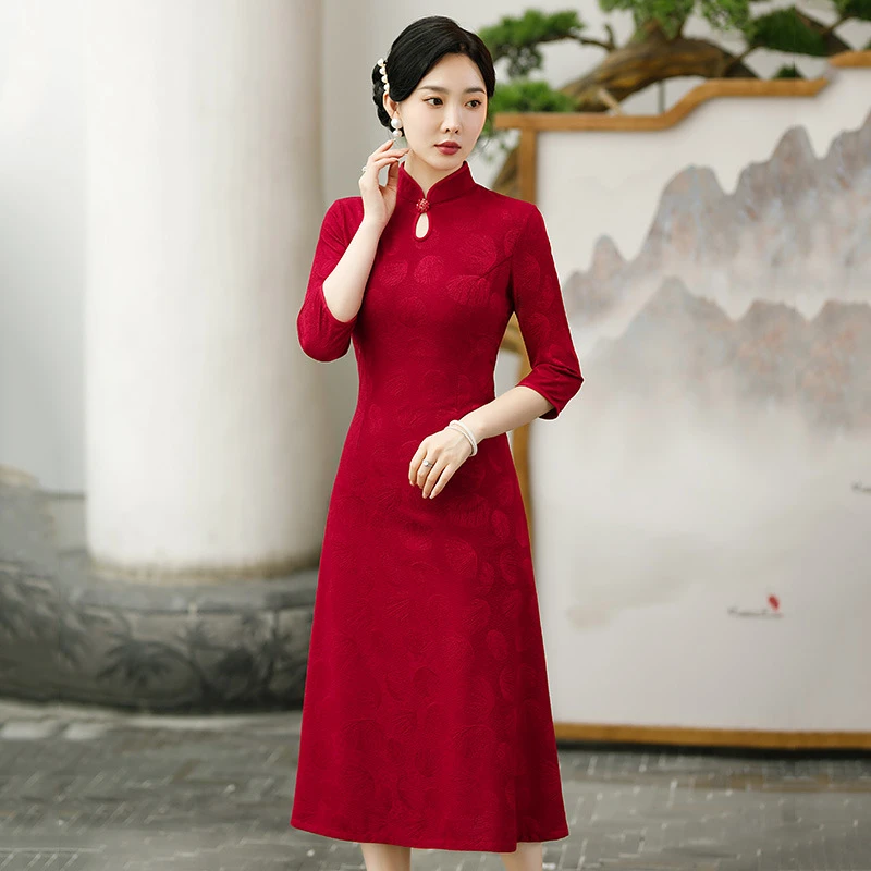 水滴领红色显瘦妈妈装国风中式日常改良旗袍女复古长袖连衣裙春秋