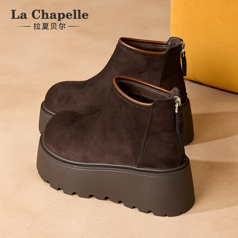 拉夏贝尔2025新款厚底雪地靴冬加绒短筒棉鞋复古气质马丁靴高级感