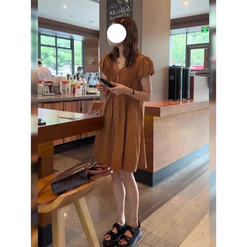 韩系设计感飞飞袖连衣裙女2025夏季新款大码胖MM遮肉显瘦压褶裙子