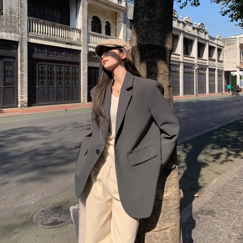 灰色西装外套女小个子2025春秋季新款高级感炸街宽松廓型气质西服