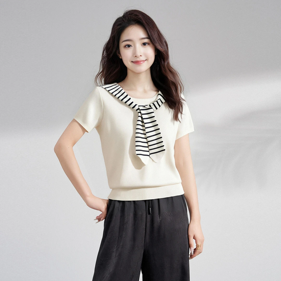 马克华菲通勤短袖圆领针织T恤显瘦宽松海军领条纹披肩时尚上衣女