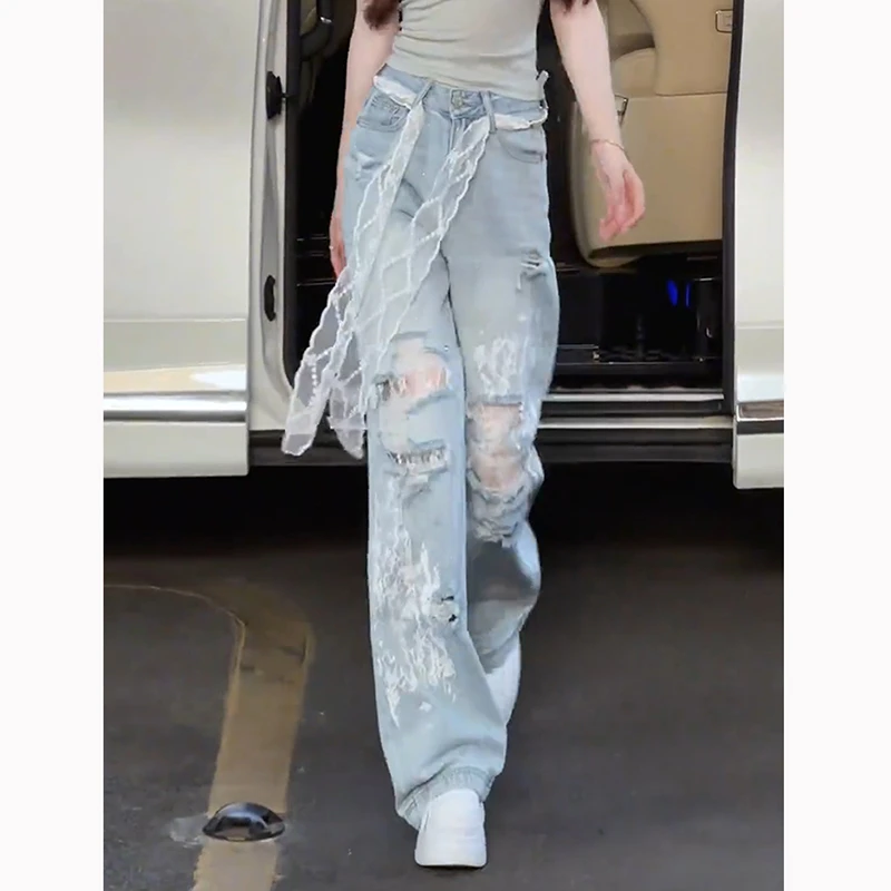破洞蕾丝印花阔腿牛仔裤女春夏季2025新款高腰显瘦百搭休闲长裤子