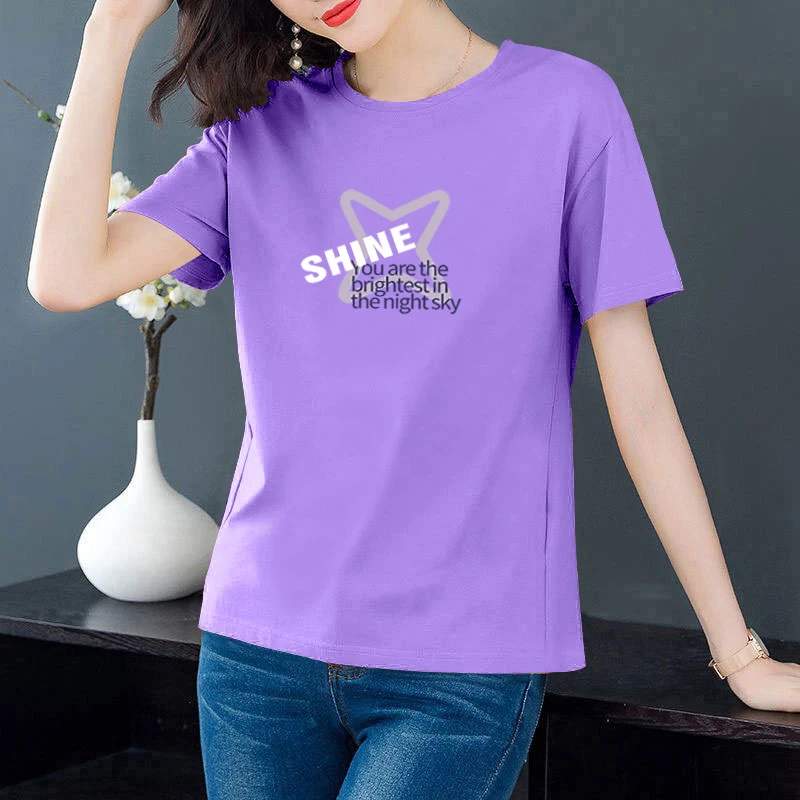 夏季纯棉短袖T恤女2025新款薄款圆领百搭印花正肩显瘦大码上衣潮