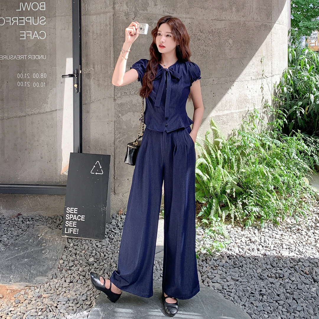 深蓝色系带蝴蝶结短袖衬衫套装女2025夏新款高腰显瘦阔腿裤两件套