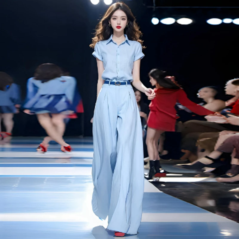 时尚气质套装女2025夏季新款洋气时髦短袖衬衫高腰阔腿裤两件套潮