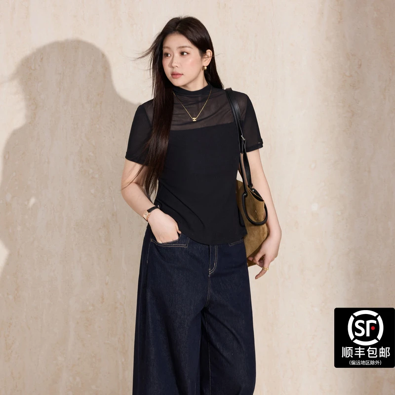 蓝语大码女装黑色半高领弹力网纱打底衫2025秋季新款时尚修身上衣