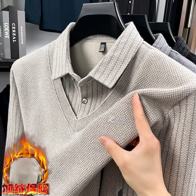 重磅加厚 500克重男士假两件加绒冬季雪尼尔打底保暖长袖时尚毛衣